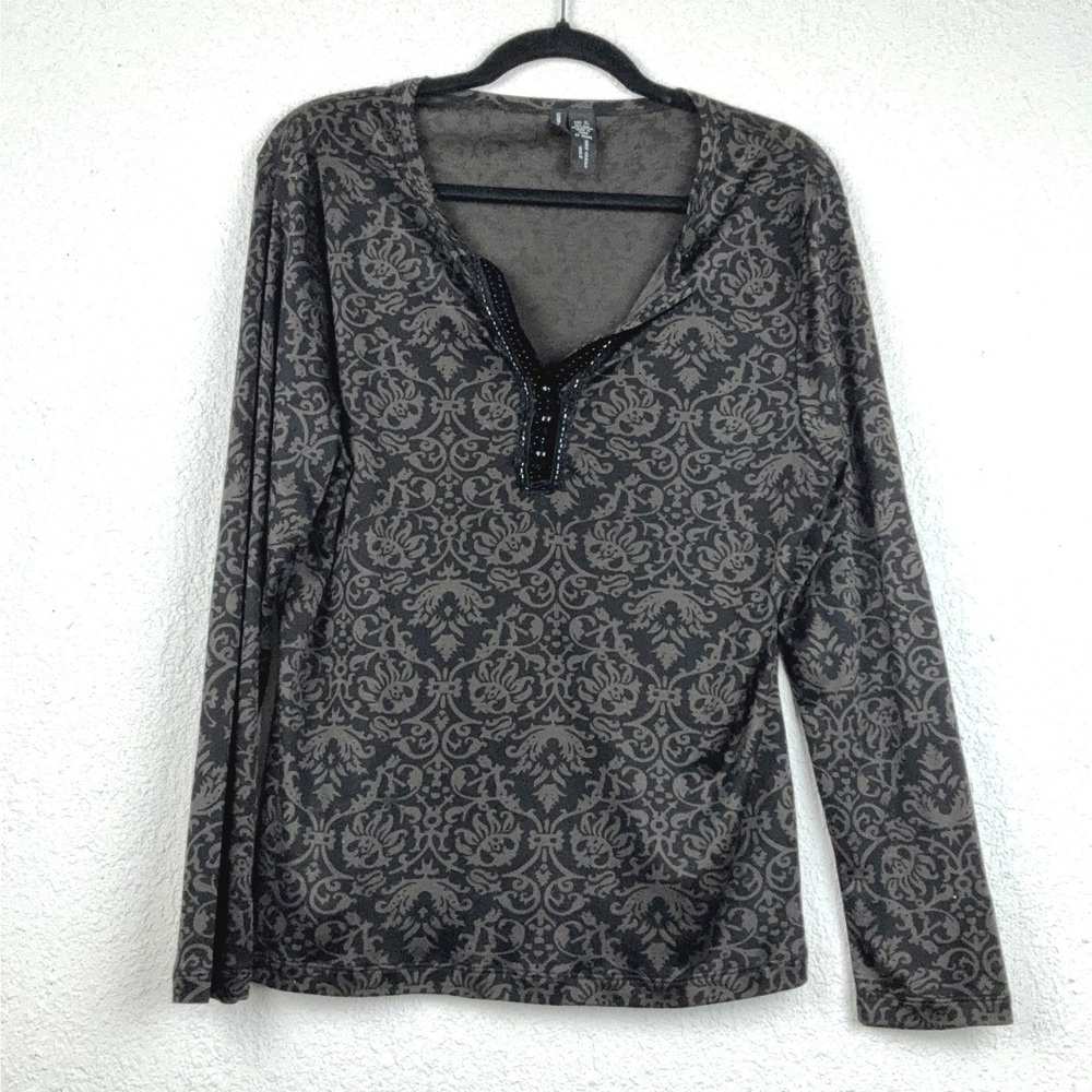 Lynn Ritchie Brown Damask Silk Blend Top - XL - Beaded V-Neck Boho Whimsigoth